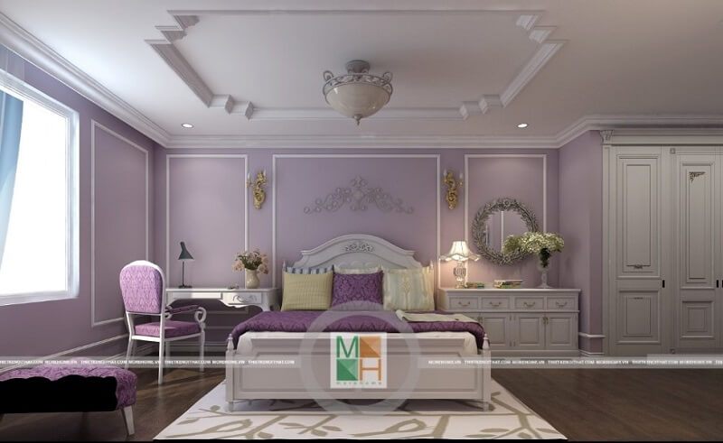 Mẫu giường ngủ gỗ cao cấp màu trắng đồng bộ với nội thất căn phòng ngủ mang đến vẻ đẹp sang trọng cho căn phòng.