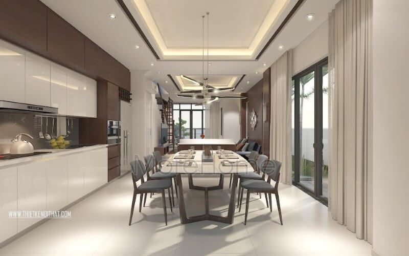 . Nội thất phòng ăn biệt thự hiện đại và độc đáo này sẽ giúp gia đình bạn có cảm giác tươi mới. Nếu bạn đang tìm kiếm một mẫu thiết kế phòng ăn liền bếp đẹp mê ly, hãy không bỏ qua mẫu này.